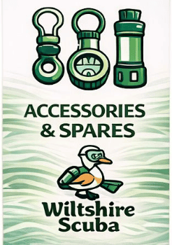 Poster for Wiltshire Scuba advertising Accessories & Spares: three green diving accessories at top, bold 'ACCESSORIES & SPARES' text, and a duck illustration with 'Wiltshire Scuba' at the bottom.
