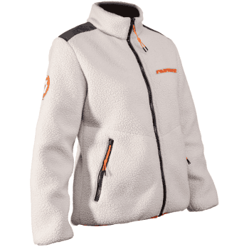 Beige fleece jacket with orange zipper pulls and orange logo on the chest, high collar, and zip pockets on the sides.