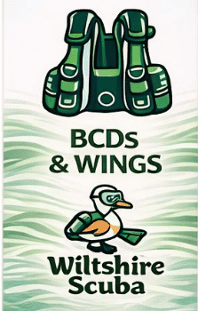 Illustrated banner with green BCDs at the top, the text 'BCDs & WINGS', a cartoon duck wearing diving gear, and the words 'Wiltshire Scuba' at the bottom.