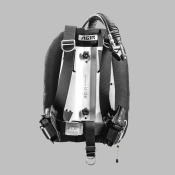 Scuba diving backplate harness with metal backplate, shoulder straps and hoses on a gray background