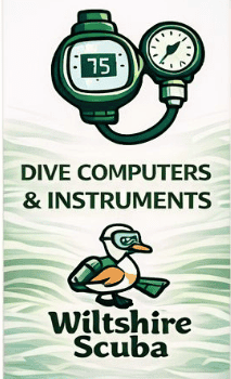Poster for Wiltshire Scuba featuring a green dive computer with gauge and a cartoon bird, with the text 'DIVE COMPUTERS & INSTRUMENTS' and 'Wiltshire Scuba'