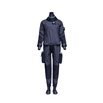 Mannequin wearing a navy diving drysuit with teal collar, detachable pockets, and black boots on display