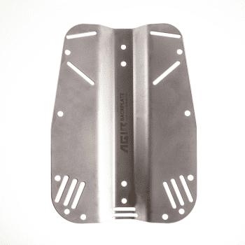 Stainless steel backplate with multiple holes and slotted openings for mounting hardware on a frame.