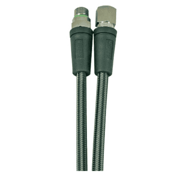 Pair of braided stainless steel water supply hoses with metal fittings at each end, used to connect plumbing fixtures like faucets to supply lines.