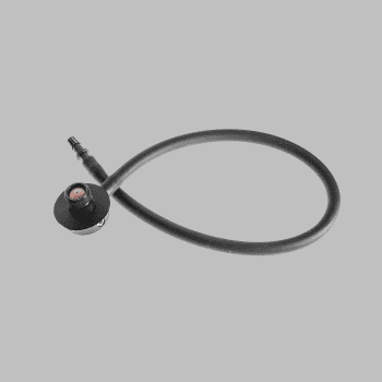 Round black sensor/adapter with a red center and a short threaded nozzle, attached to a looped hose.