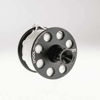 Black fishing line spool with white braided line wound around; label reads 'Spool Stem Eject 40 meters' on the rim (front view).