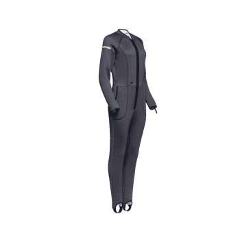 Full-body gray wetsuit with front zipper and integrated booties/feet, standing upright on a white background.