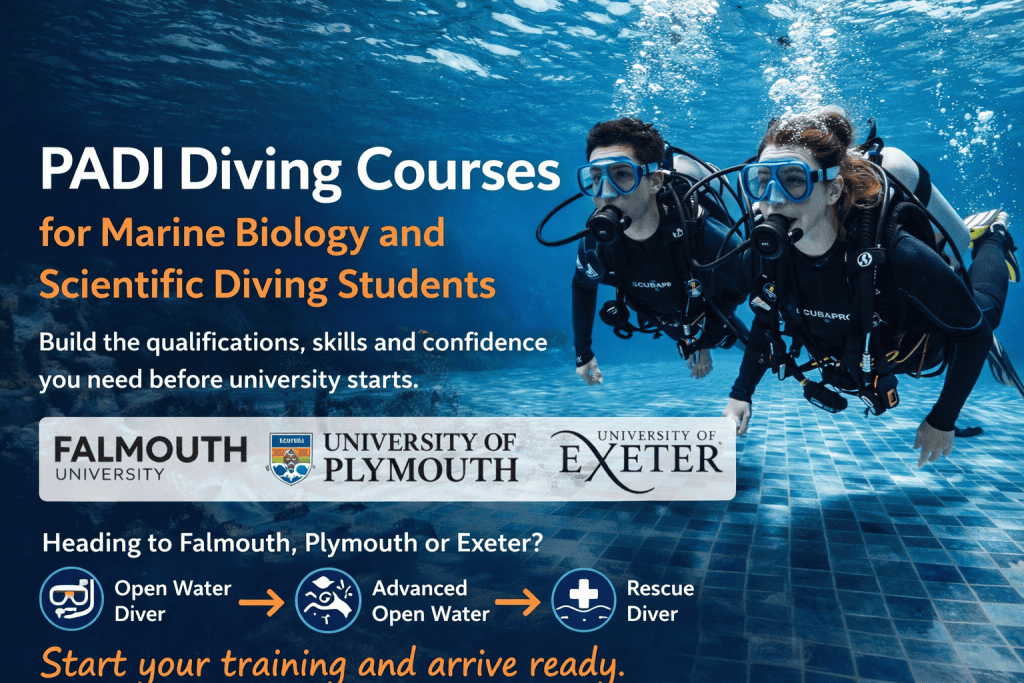 PADI diving courses for marine biology and scientific diving students heading to Falmouth University, University of Plymouth or University of Exeter, showing the Open Water Diver to Advanced Open Water to Rescue Diver pathway