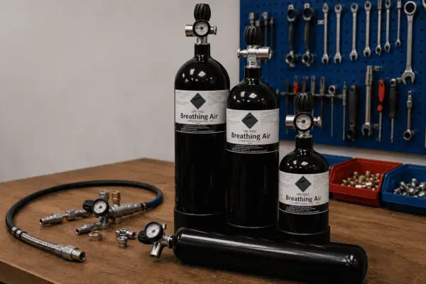 Four breathing-air charging cylinders with valves and pressure gauges on a workshop bench, with a filling hose, adaptors and connectors alongside and spanners on a pegboard behind