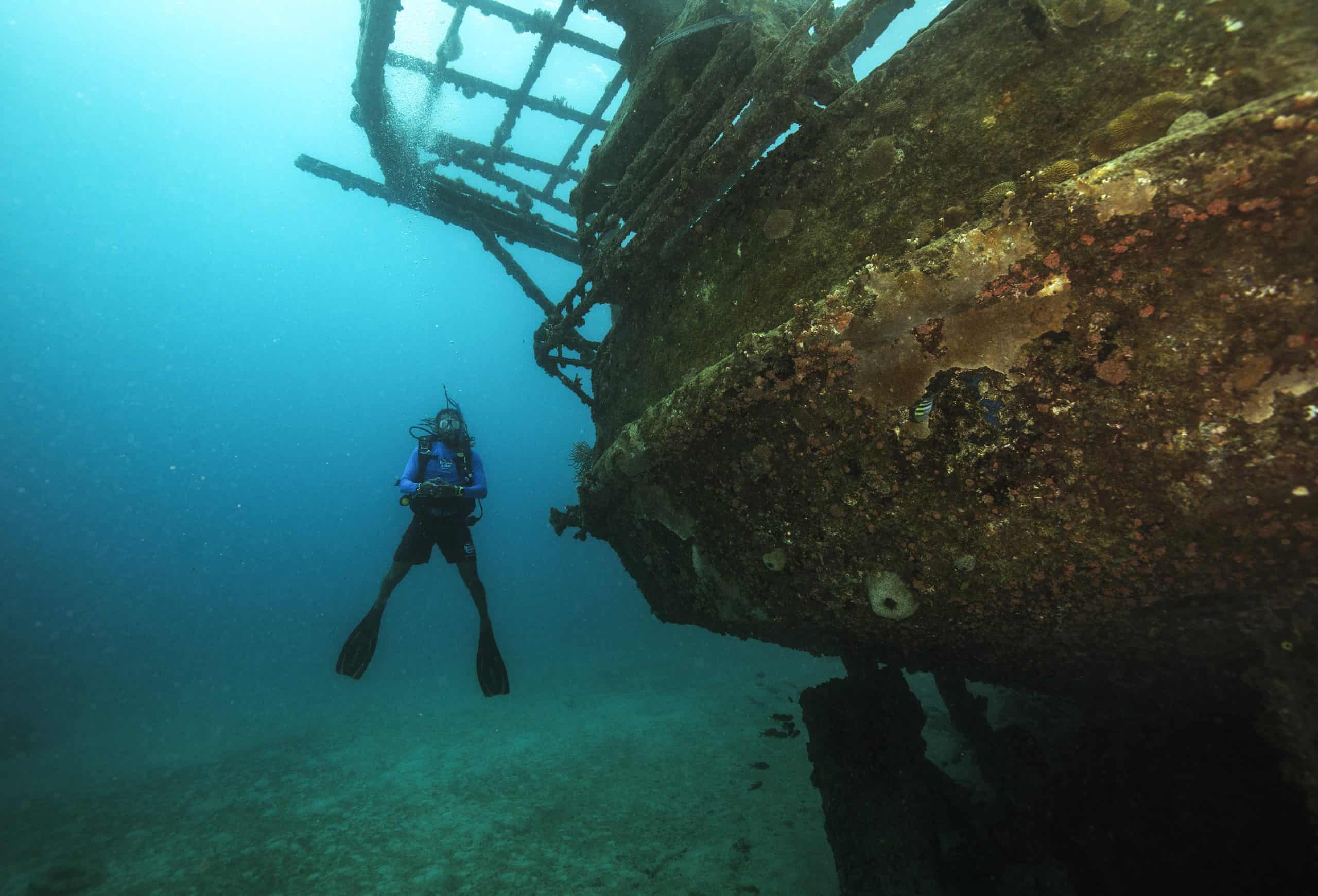 A diver exploring a coral-covered shipwreck